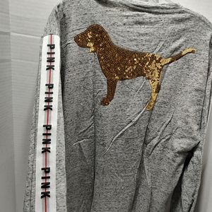 PINK Sequin Dog Long Sleeve Tee Large